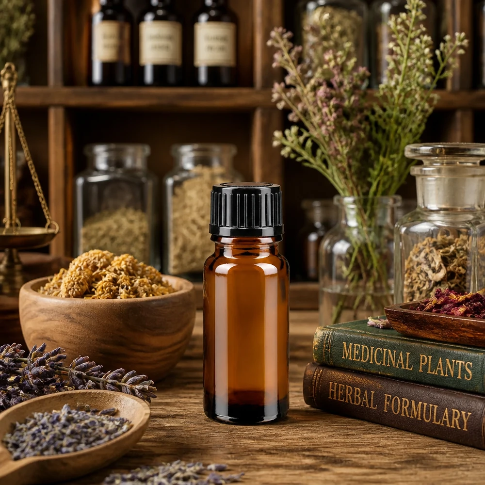Professionelle 10ml Tropfflasche ApoGlas schwarz vor Regalen mit Kräuterapotheke Ambiente