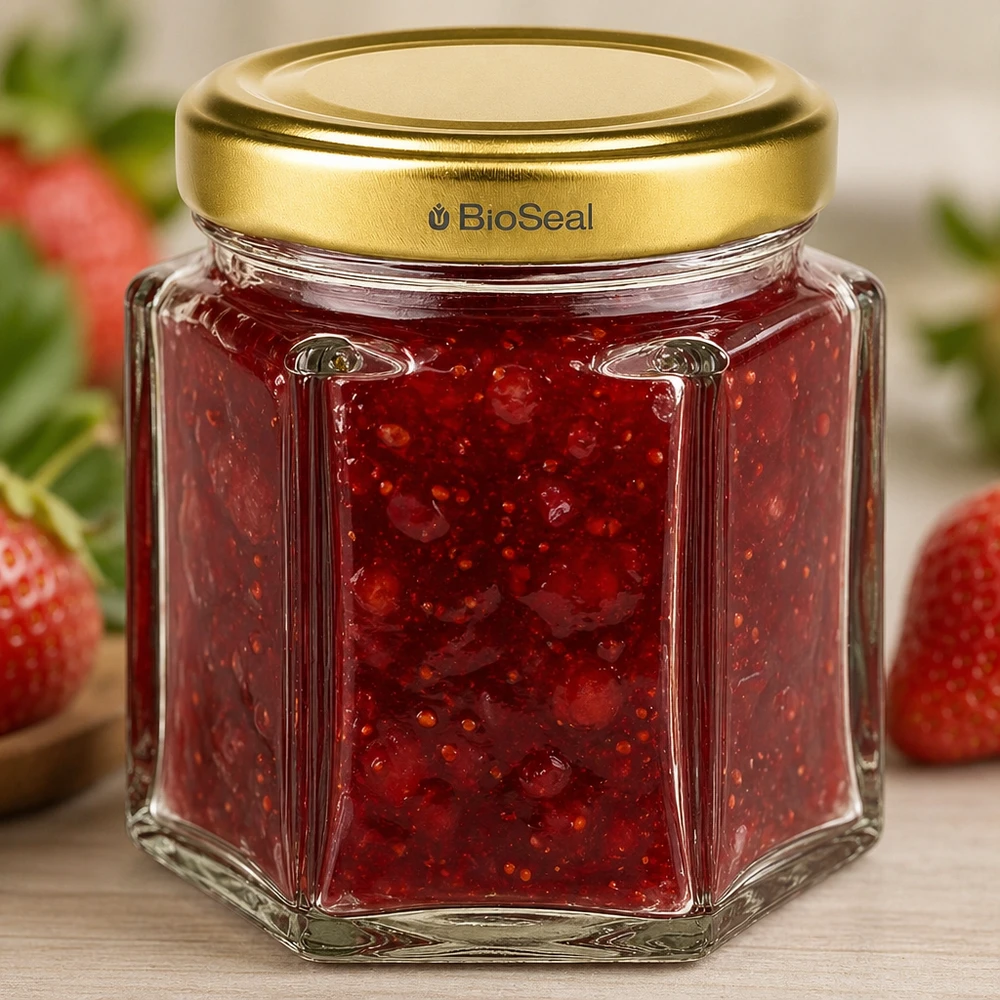 60g Honigglas mit goldenem Deckel BioSeal UNiTWIST BioSeal 60g Honigglas hexagonal mit Erdbeermarmelade befüllt und goldenem Schraubverschluss im Küchenstil