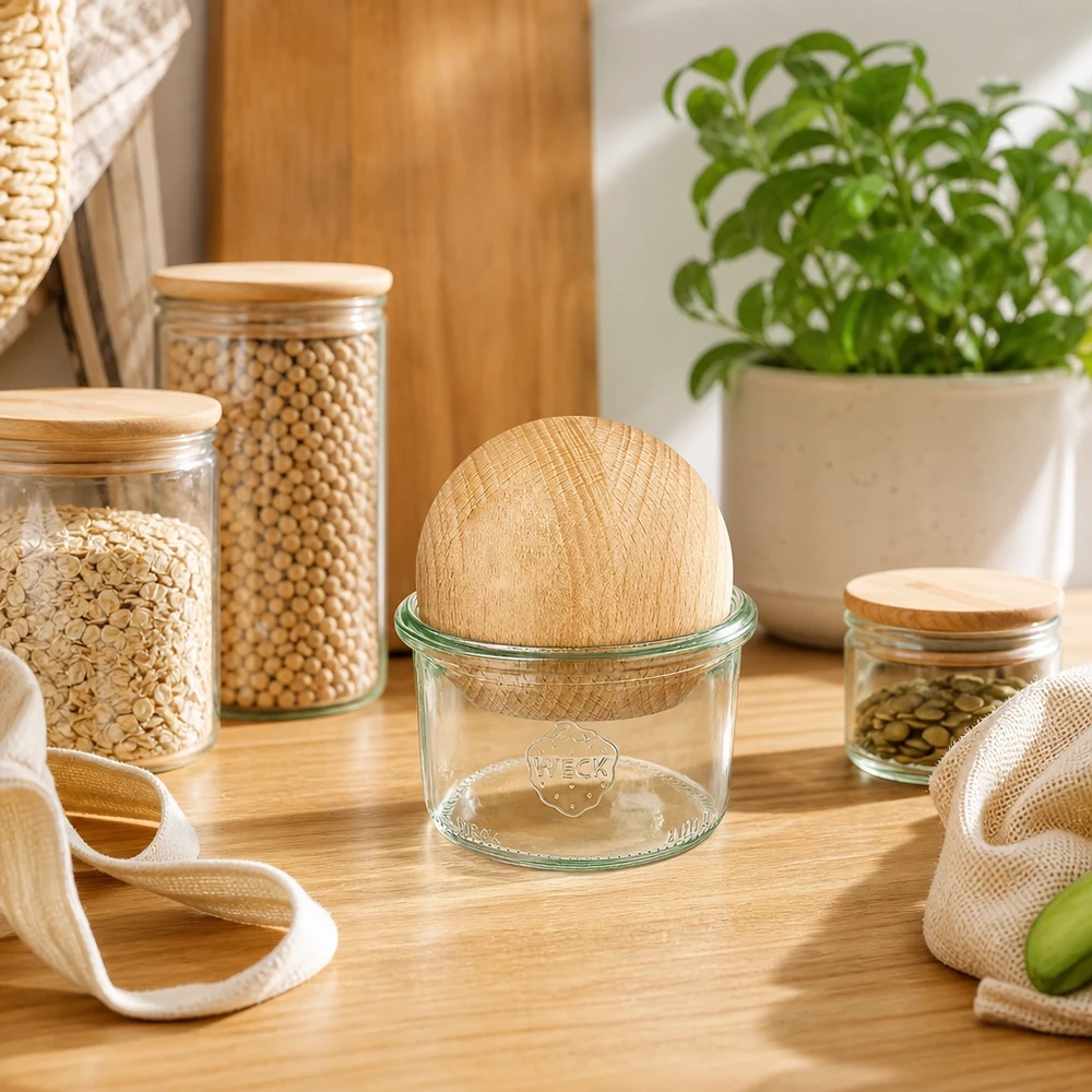 WECK Sturzglas 200ml RR80 mit Holzkugel Buche in Zero-Waste Küche, umgeben von nachhaltigen Vorratsgläsern und Stoffbeut
