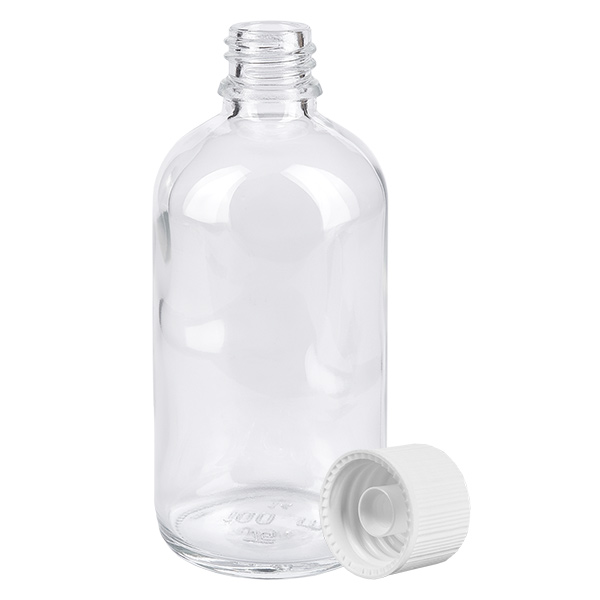 100ml Flasche 11mm Schraubverschluss weiß Standard ClearLine UT18/100 100ml Pharmaflasche Klarglas ClearLine UT18 mit geöffnetem weißen Verschluss 11mm SV