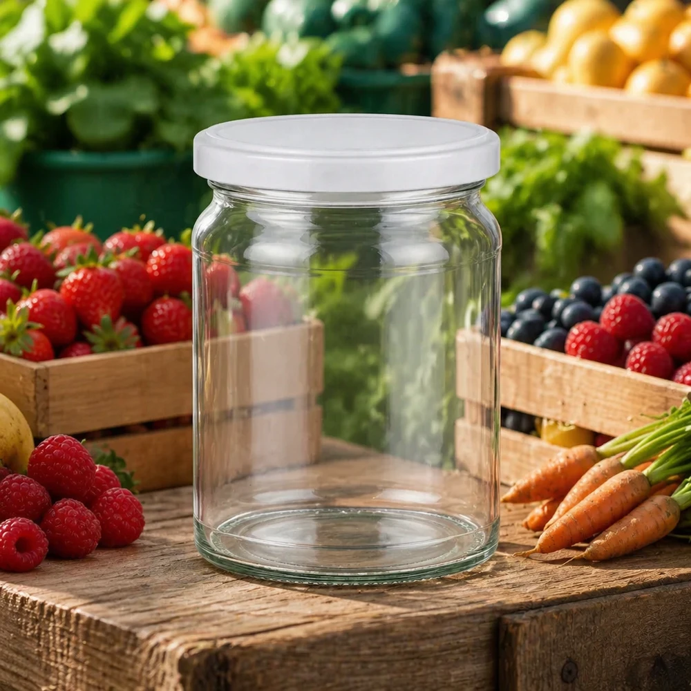 205ml Rundglas UNiTWIST auf Holztisch mit frischen Früchten und Gemüse - ideal für Marmelade und Konserven