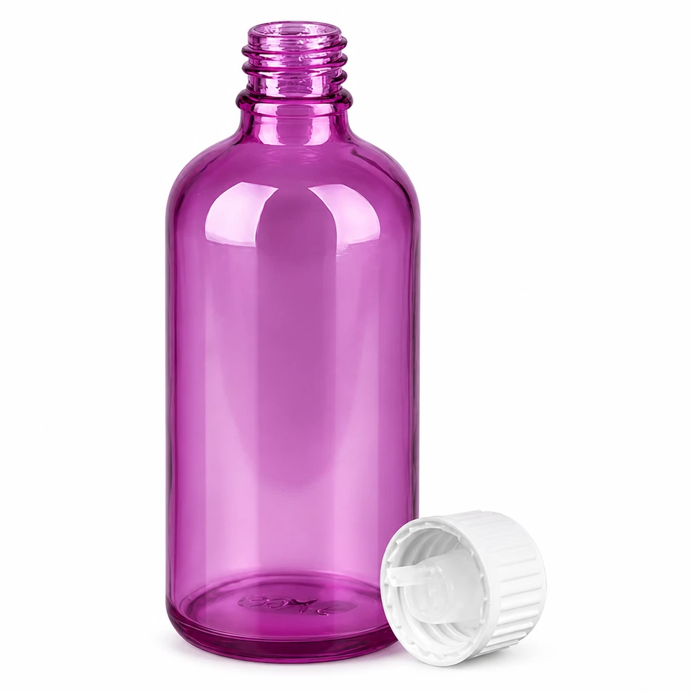 Elegante 100ml Flasche in Purple Line Design mit hygienischem weißem Tropfverschluss UT18 Gewinde