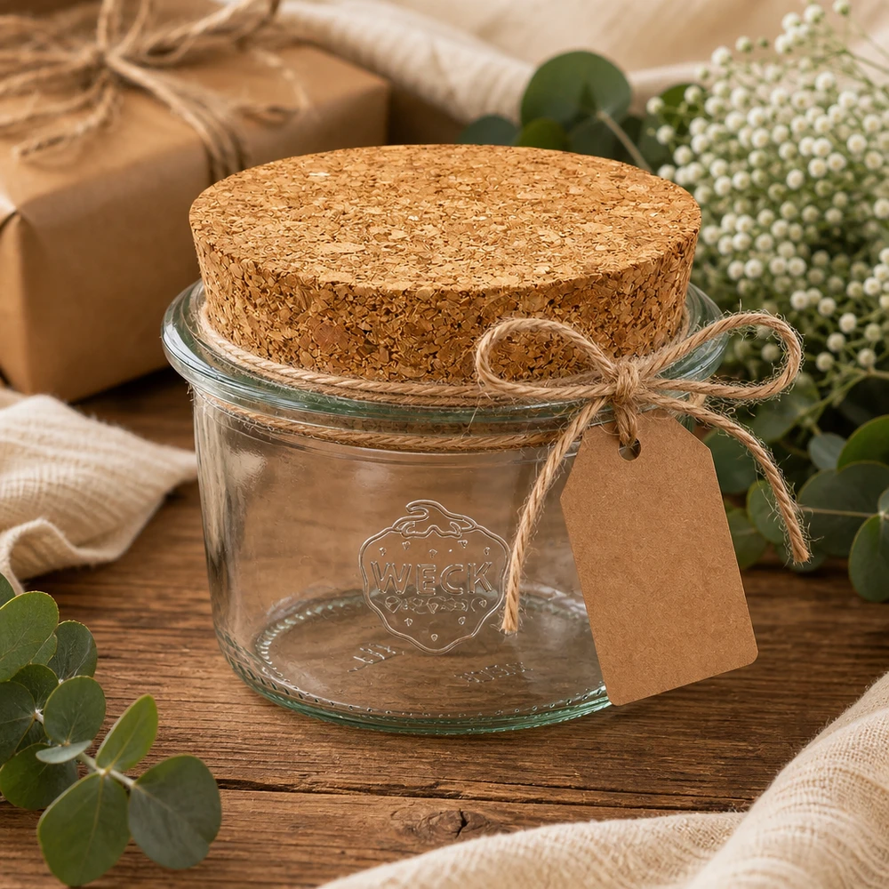 80ml Sturzglas WECK RR60 mit Korken natur WECK Sturzglas 80ml RR60 Geschenkidee mit Korken Anhänger und Jute Band auf Holztisch dekoriert