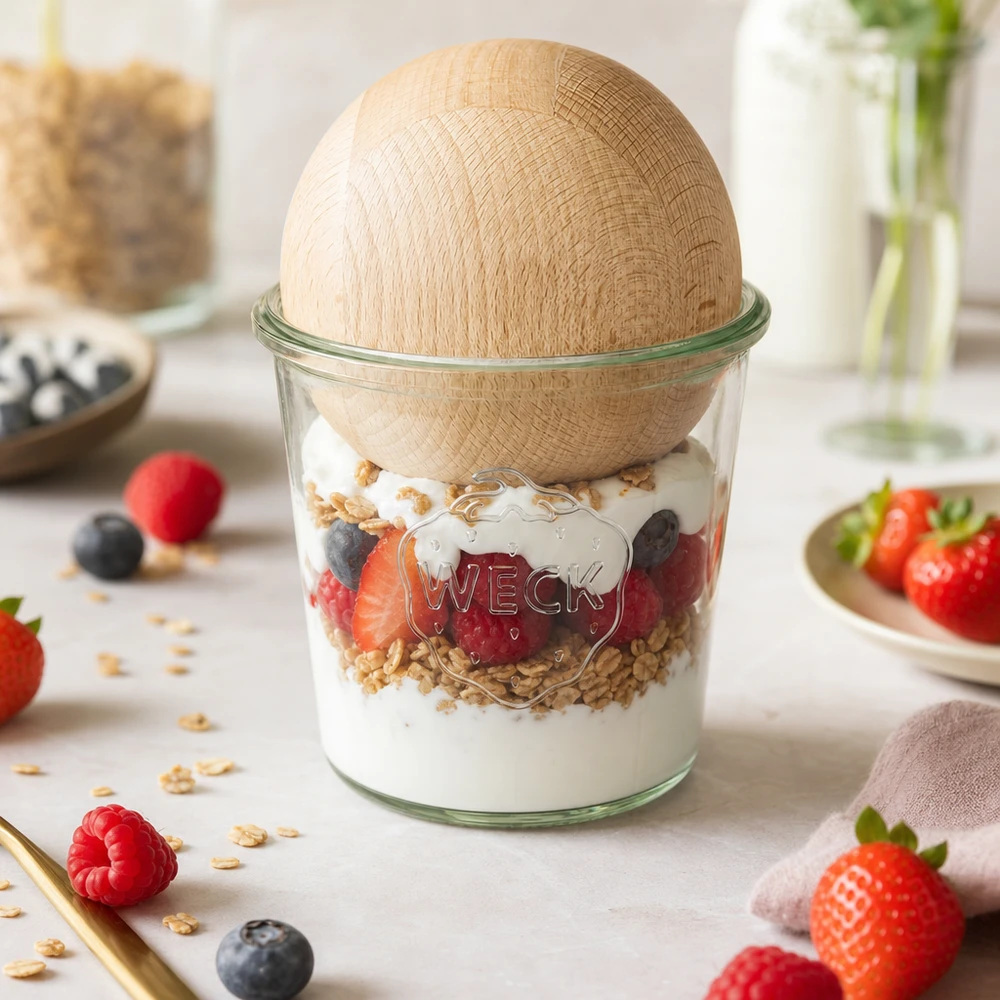 580ml Sturzglas WECK RR100 mit Holzkugel Buche WECK Sturzglas RR100 580ml mit Buchenholzkugel als Müslischale mit Joghurt Beeren und Granola auf Küchentheke