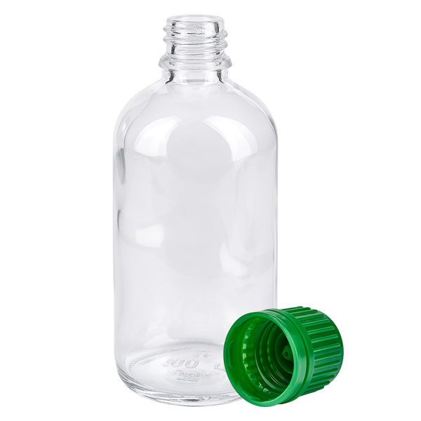 100ml Flasche 11mm Schraubverschluss grün Originalitätsverschluss ClearLine UT18/100 Medizinflasche 100ml Weithals Klarglas mit abgeschraubtem grünen OV Verschluss ClearLine UT18 Serie