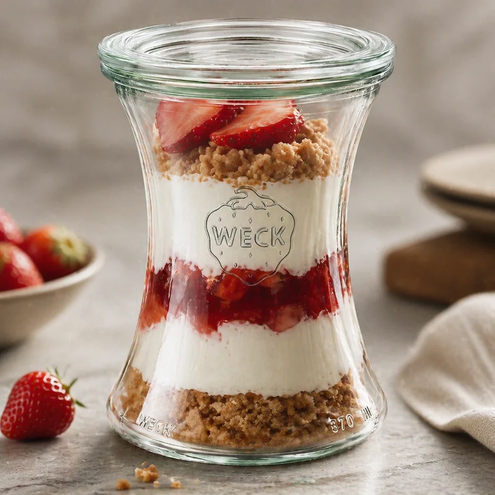 370ml Delikatessenglas mit Glasdeckel WECK RR80 WECK Delikatessenglas 370ml RR80 als Dessertglas mit Erdbeeren und Streuseln zeigt elegante Schichtoptik