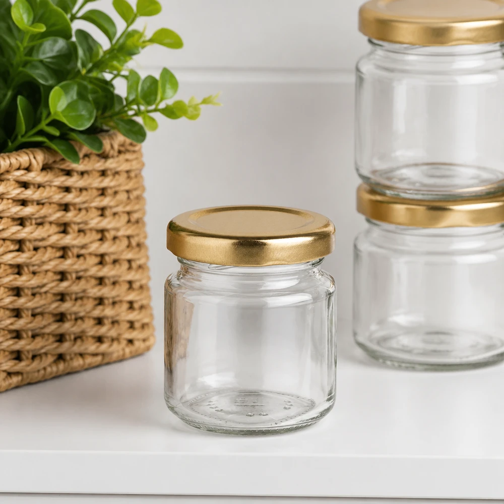 53ml Rundglas mit BasicSeal Deckel gold UNiTWIST 53ml Rundglas UNiTWIST leer mit goldenem BasicSeal Deckel in modernem Wohnambiente mit Pflanze
