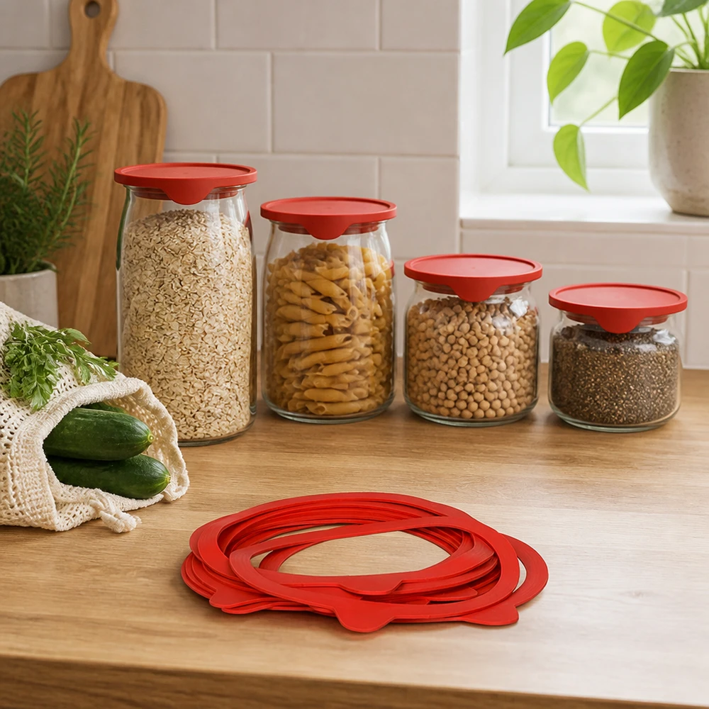 Einkochring Naturgummi RR120 Stapel roter Einkochringe RR120 aus Naturgummi auf Holztheke neben Vorratsgläsern mit Getreide und Nudeln