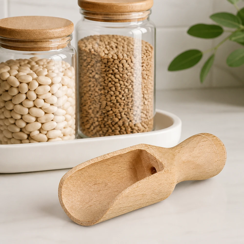 Holzschaufel Grösse XS halbrunde Form - 52mm lang Holzschaufel XS 5,2cm neben Vorratsgläsern mit weißen Bohnen und Koriander für Zero Waste Küche und Gewürzaufbewahrung