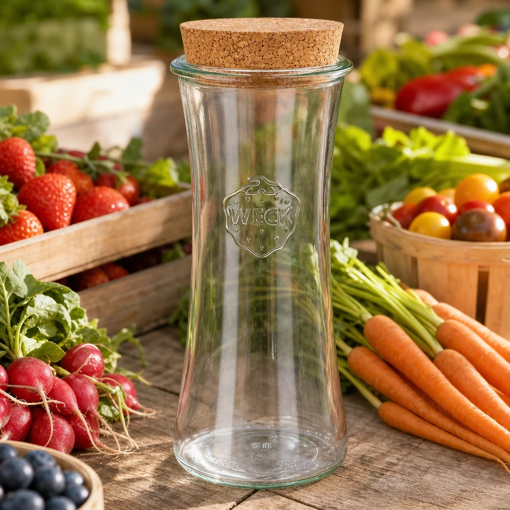 WECK RR80 Vorratsglas 700ml leer mit Korkdeckel zwischen frischem Gemüse Karotten Radieschen Tomaten auf Marktstand
