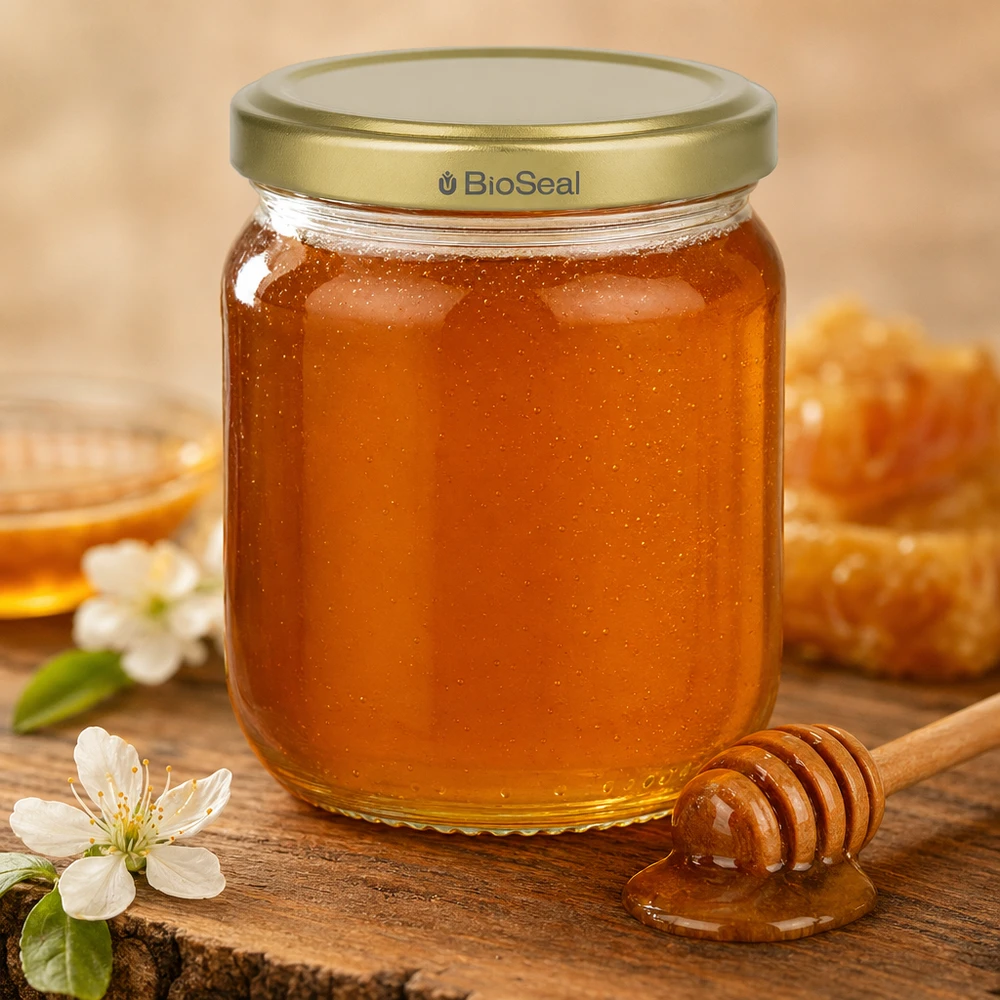 500g Honigglas mit goldenem Deckel BioSeal UNiTWIST Honigglas 500g mit BioSeal Golddeckel und Honiglöffel auf rustikalem Holz mit weißen Blüten als Dekoration