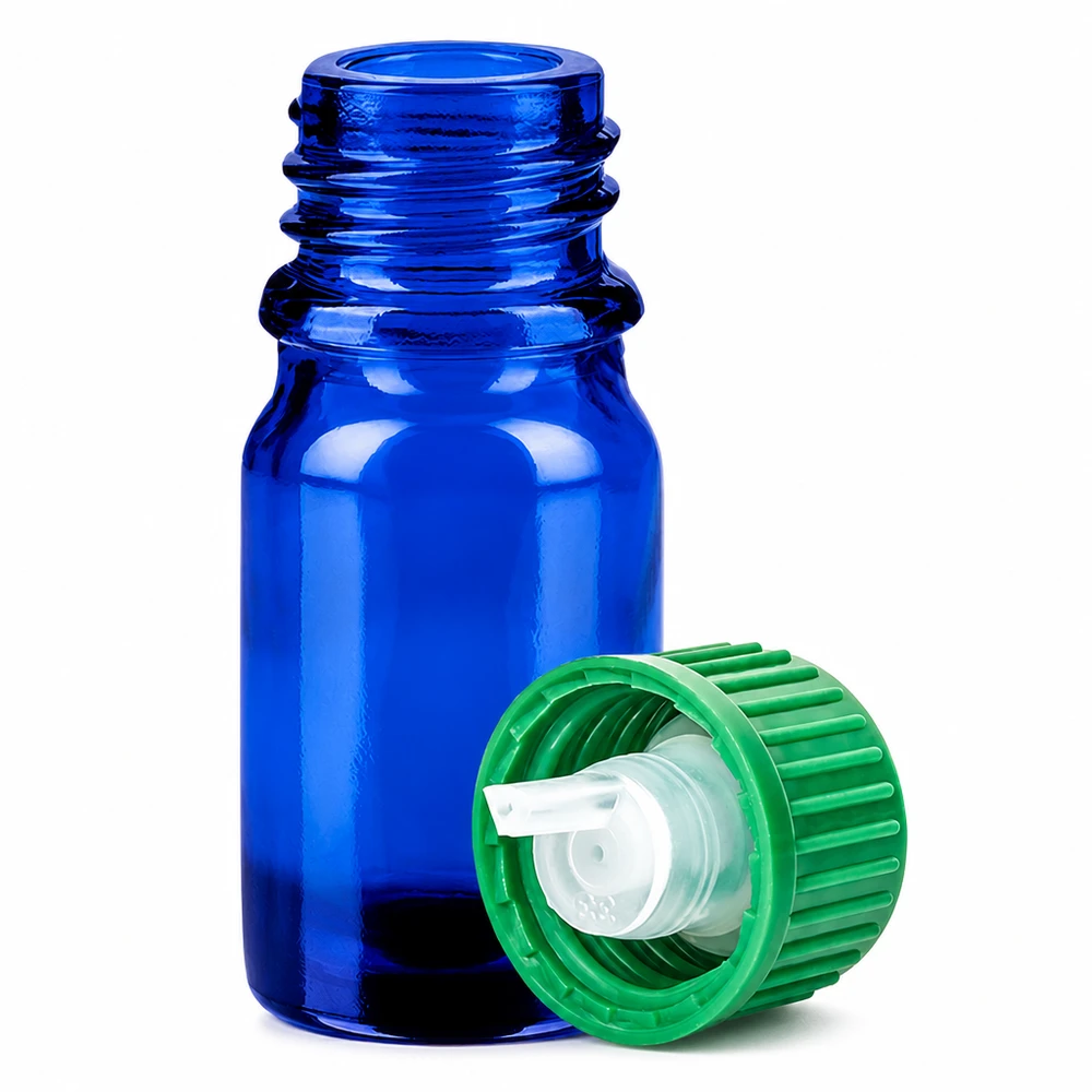 Professionelle 5ml Dosierungsflasche blau-grün mit feinem Tropfauslauf für Pharmazie