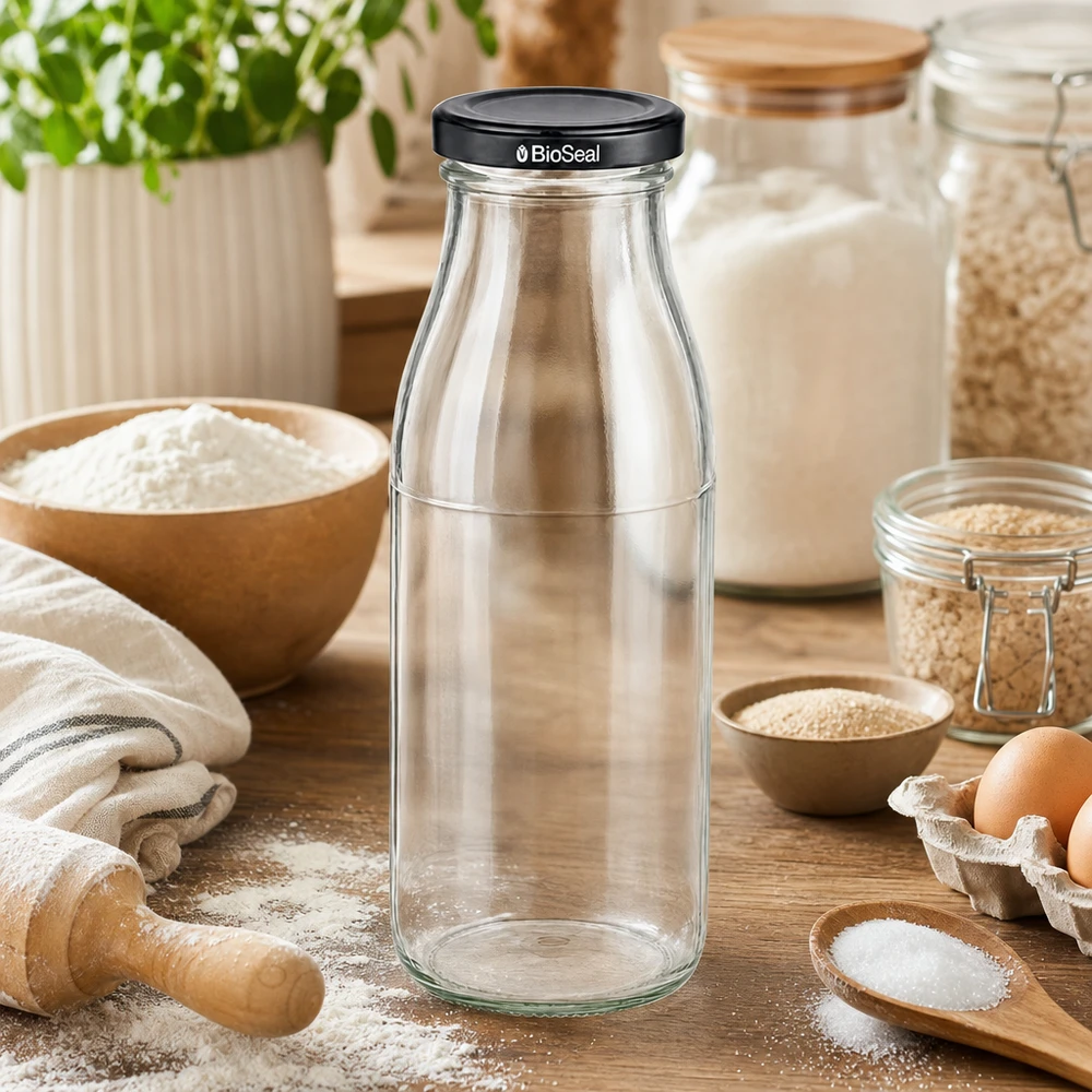 500ml Glasflasche mit BioSeal Deckel in rustikaler Küche zwischen Backzutaten Mehl und Eiern für Kochbegeisterte