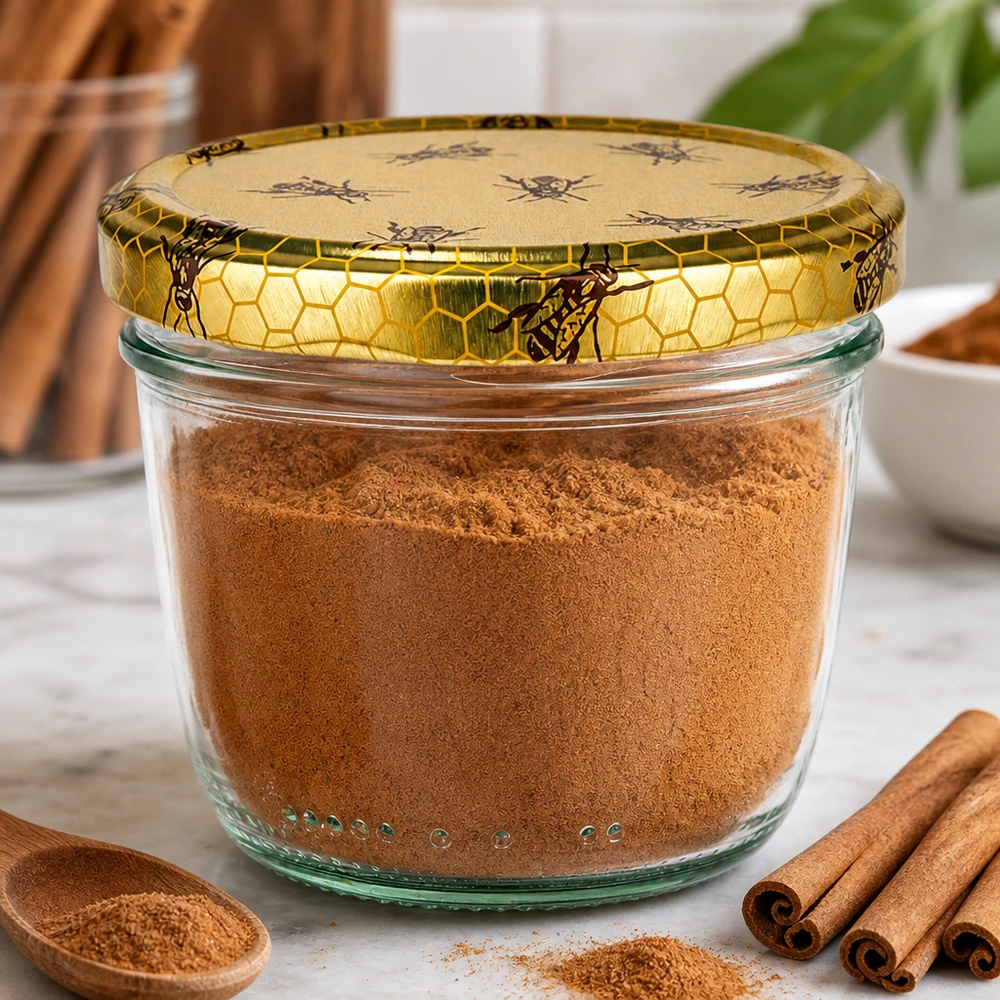 230ml Sturzglas mit Bienenwaben-Deckel gefüllt mit Zimt Pulver neben Zimtstangen als Gewürzaufbewahrung