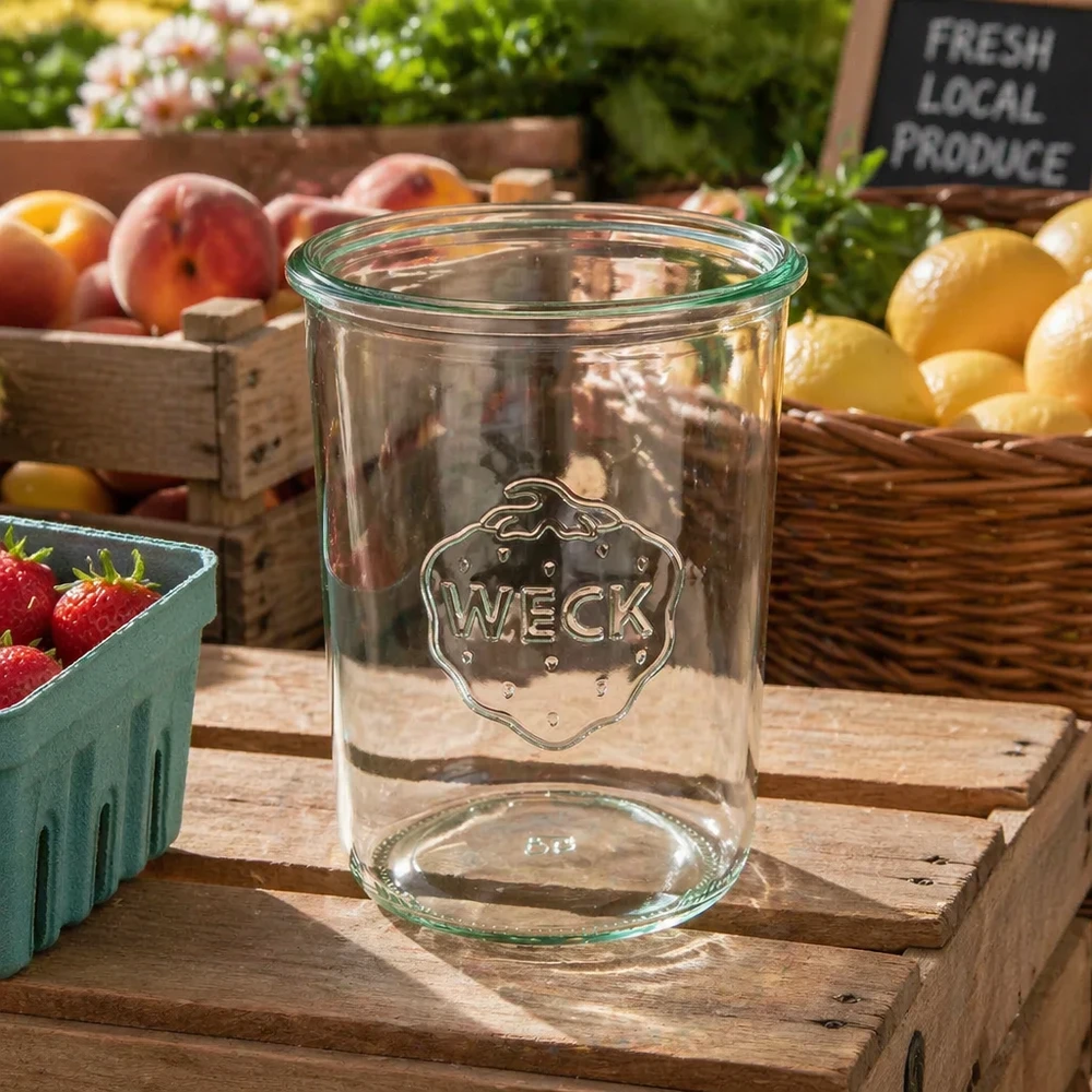 850ml Sturzglas WECK RR100 850ml WECK Sturzglas RR100 aus klarem Glas mit Logo auf Holzkiste zwischen frischem Obst und Gemüse