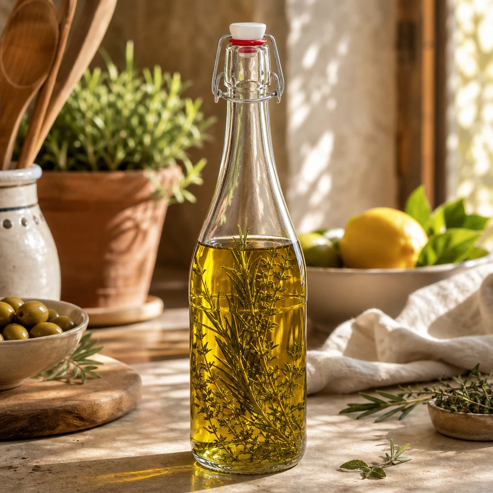 750ml Glasflasche und Bügelverschluss PVC UNiTWIST 750ml Glasflasche Bügelverschluss mit Kräuteröl befüllt Anwendungsbeispiel Küche mediterran dekorativ