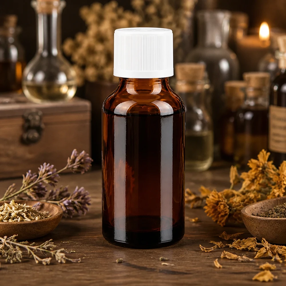 Apothekenflasche braun 20ml Tropfverschluss weiß Kindersicherung Standard Pharmazeutische 20ml Braunglas-Tropfflasche mit weißem Verschluss neben Lavendel und Arnikablüten