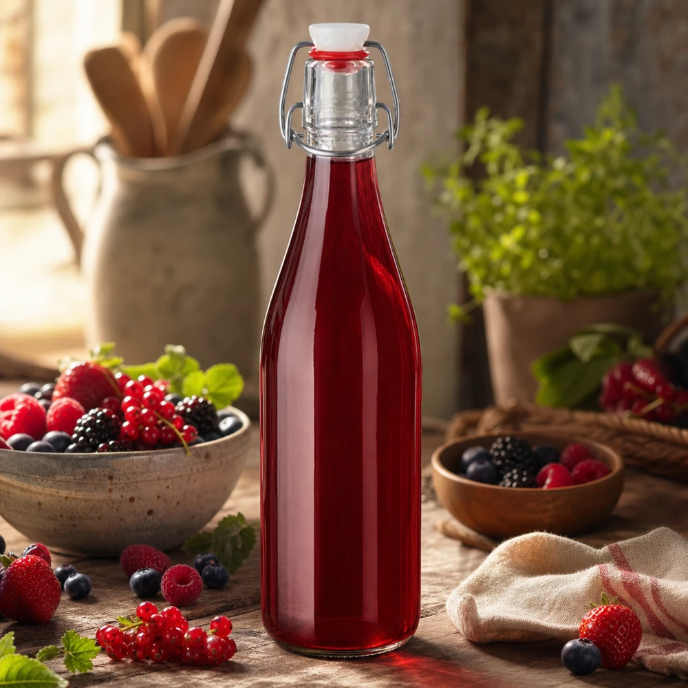 500ml Glasflasche Bügelverschluss mit rotem Beerensaft gefüllt Fruchtsäfte Smoothies selbstgemacht Küchendeko