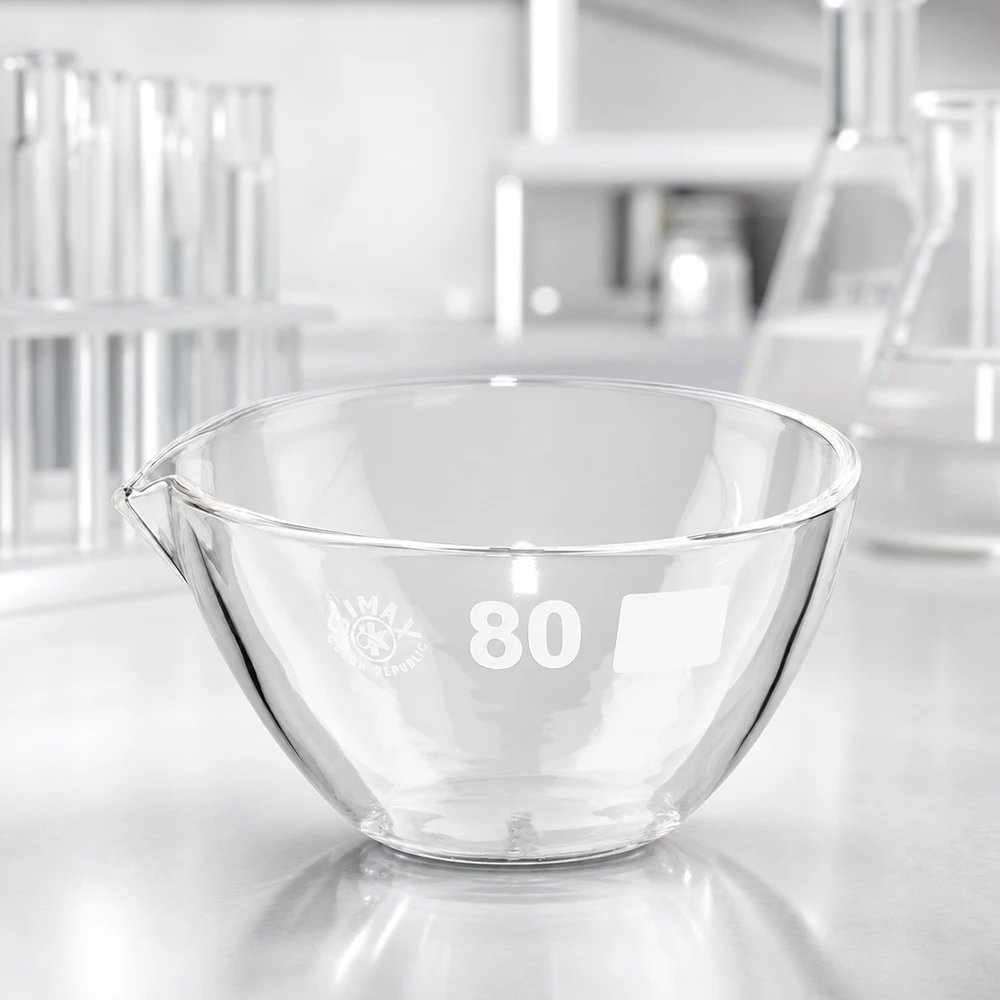 90ml Abdampfschale mit Ausguss Borosilikat ø80mm Vielseitige 80mm Abdampfschale aus Borosilikat mit Ausguss für Destillation und Kristallisation