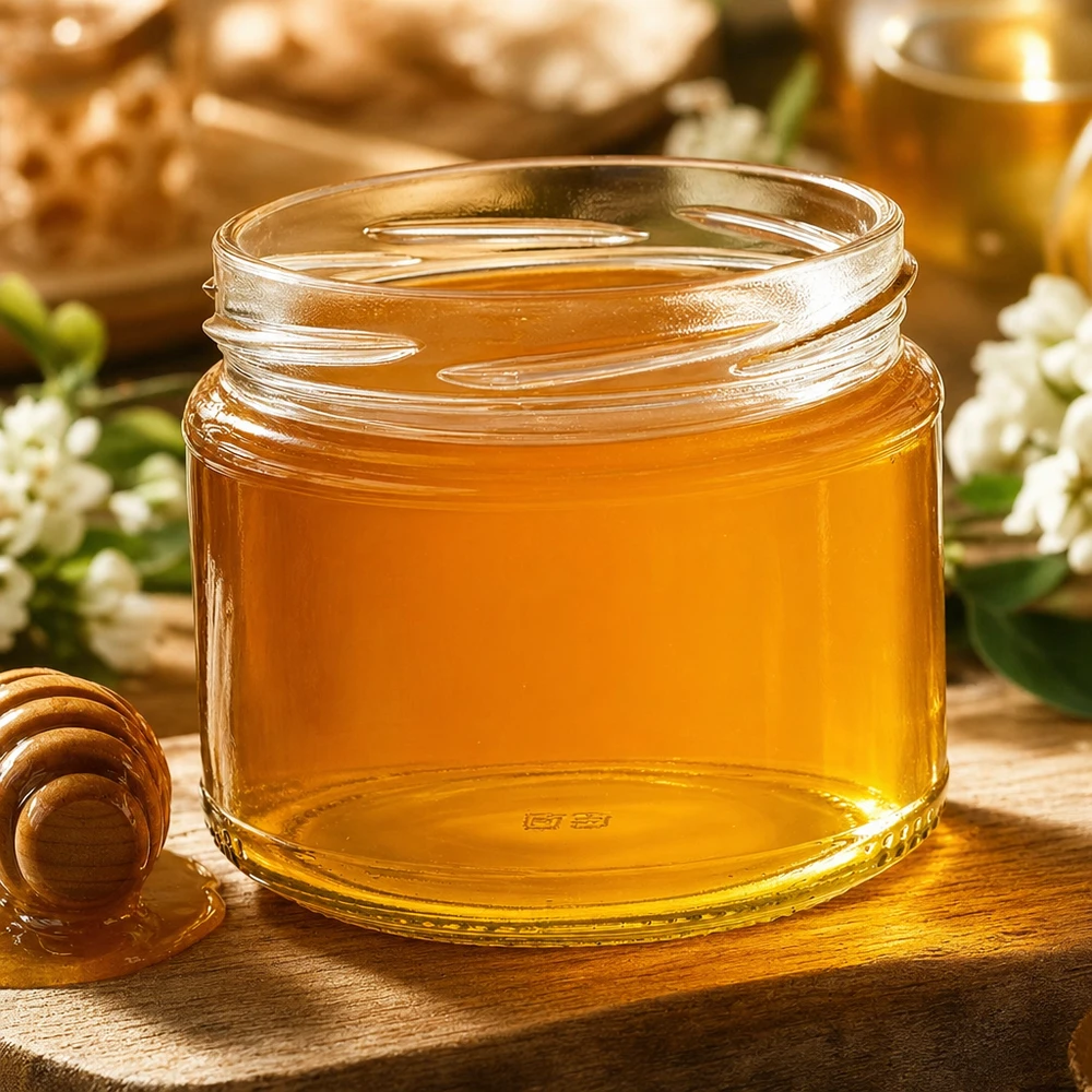 330ml Rundglas ohne Deckel (TO82) UNiTWIST UNiTWIST Runda330 Rundglas mit goldenem Honig gefüllt neben Honiglöffel und weißen Blüten auf Holztisch