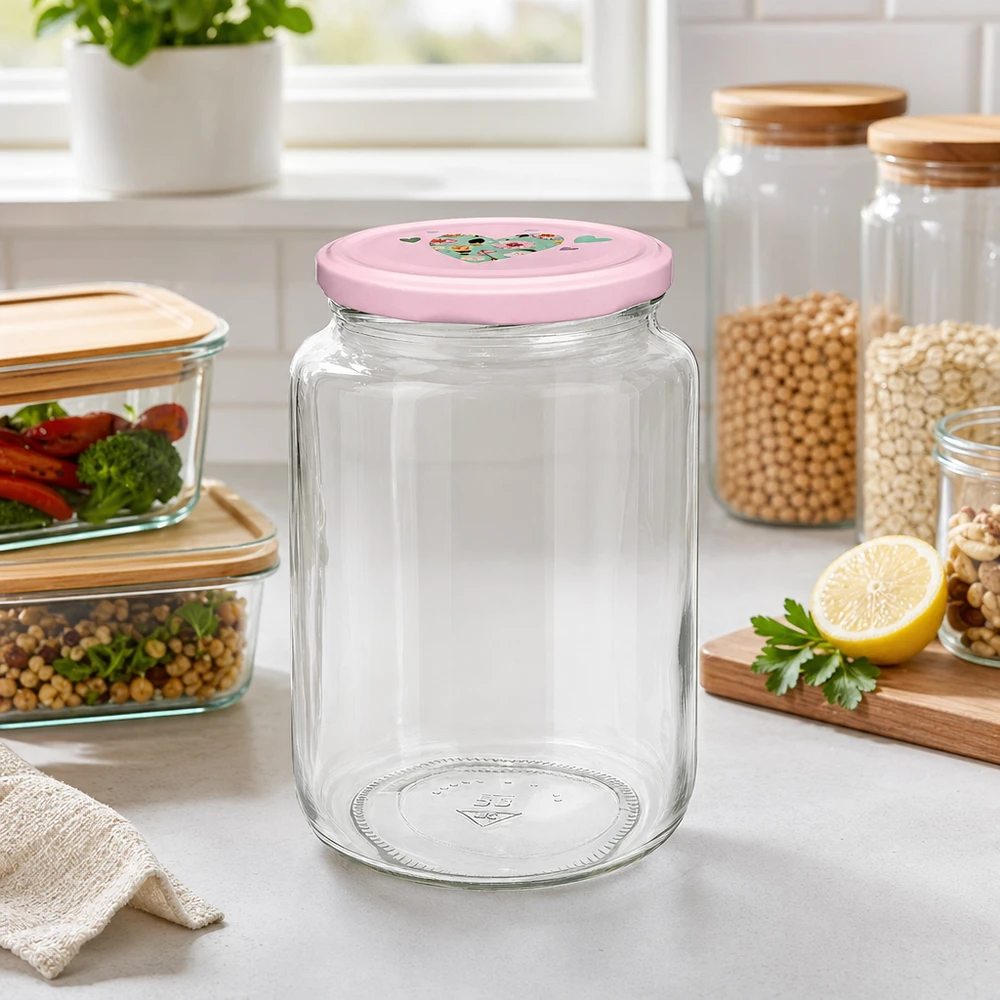 795ml Rundglas + BasicSeal Deckel Herz rosa UNiTWIST Vorratsglas 795ml in Küche mit rosa Herzdeckel für Lebensmittelaufbewahrung neben anderen Glasbehältern