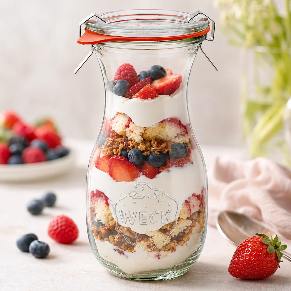 290ml Saftflasche komplett WECK RR60 WECK Saftflasche 290ml RR60 mit Schichtdessert aus Joghurt Beeren und Granola alskreative Verwendungsidee