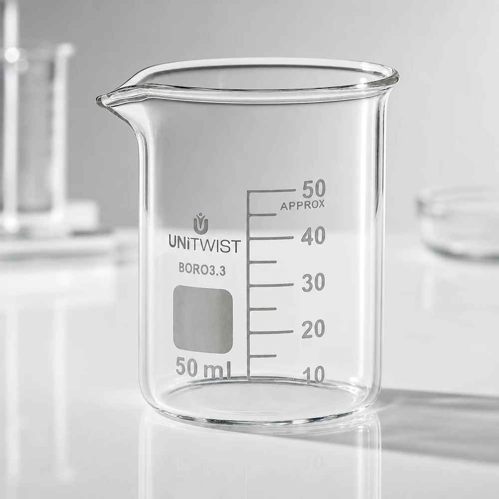 Becherglas 50ml Borosilikat, niedrige Form UNiTWIST Nahaufnahme Skalierung Becherglas 50ml UNiTWIST niedrige Form APPROX Markierung Borosilikatglas