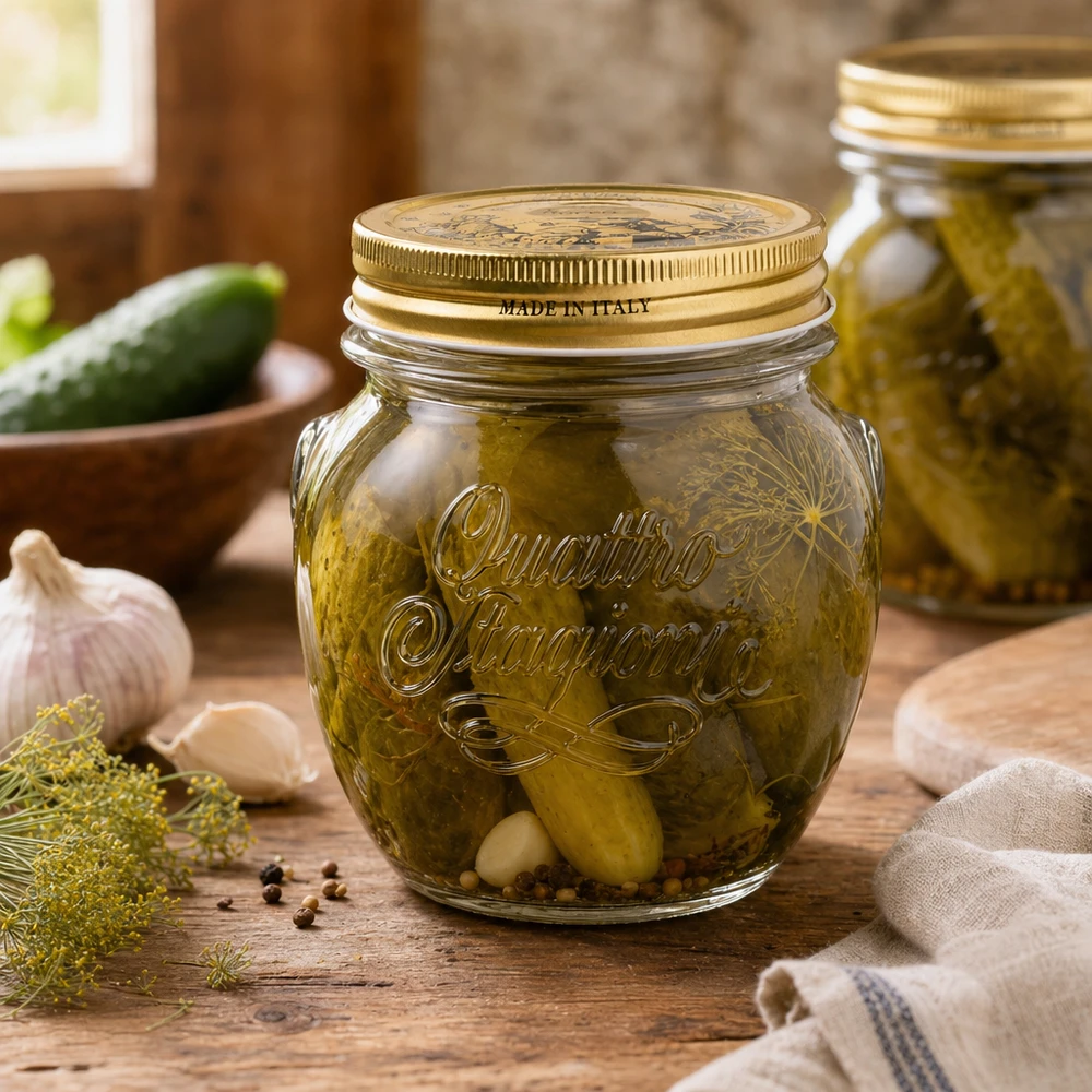 300ml Rundglas "Quattro Stagioni" mit Deckel 300ml Quattro Stagioni Rundglas mit goldenem Deckel gefüllt mit eingelegten Gurken auf rustikalem Holztisch Made in Ital