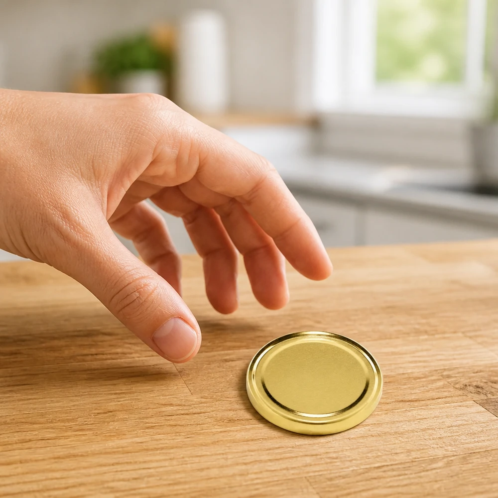 TO100 Einweckdeckel 100mm aus Metall gold für Einmachgläser auf Küchenarbeitsfläche