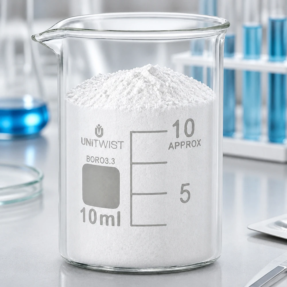 Becherglas 10ml Borosilikat, niedrige Form UNiTWIST Chemielabor Becherglas UNiTWIST 10ml niedriger Bauform mit weißem Feststoff befüllt