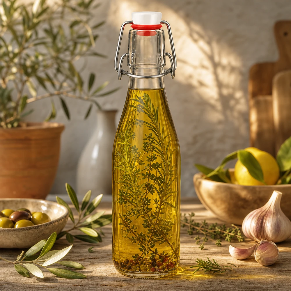 250ml Glasflasche mit Bügelverschluss gefüllt mit Kräuteröl, mediterranes Ambiente mit Oliven und Knoblauch