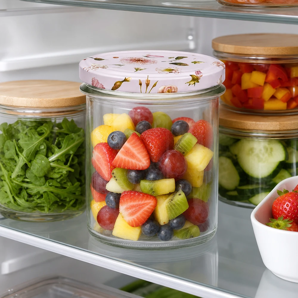 350ml Sturzglas rosa Blumendeckel gefüllt mit Obstsalat im Kühlschrank neben Salat und Gemüse frische Aufbewahrung