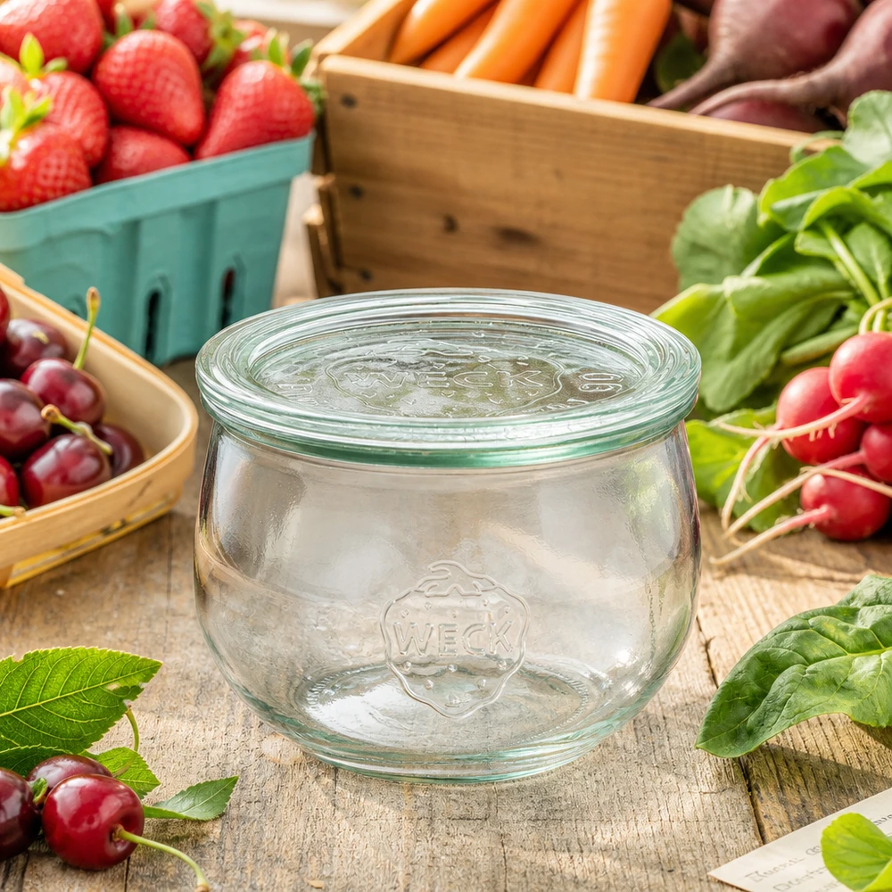 580ml Tulpenglas mit Glasdeckel WECK RR100 WECK Tulpenglas 580ml RR100 mit Glasdeckel zwischen frischem Obst und Gemüse auf rustikalem Holztisch arrangiert