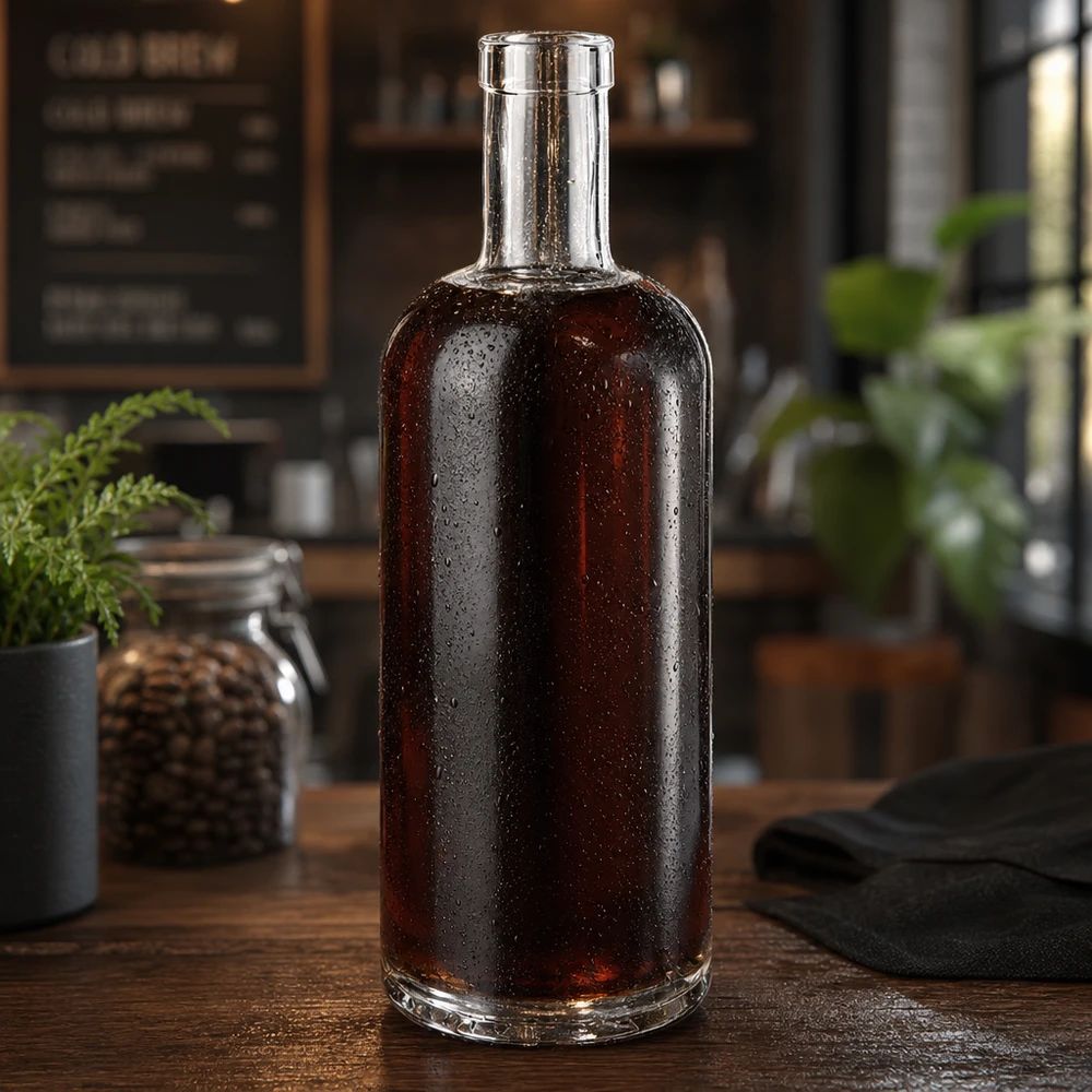750ml Glasflasche "Attila" ohne Verschluss UNiTWIST® 750ml Glasflasche Emma mit dunklem Whiskey gefüllt in rustikaler Küche mit Wassertropfen auf der Oberfläche