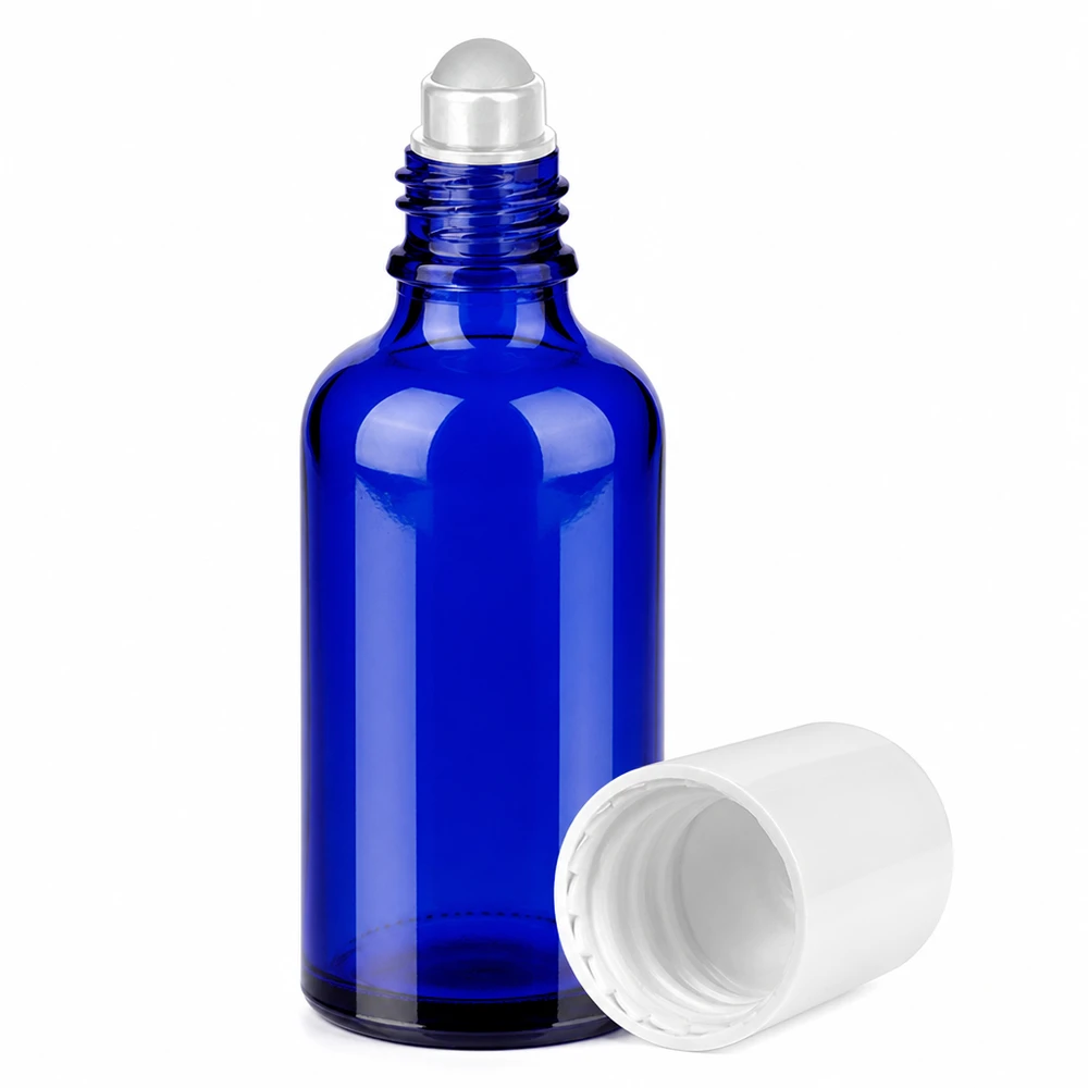 Wiederverwendbare 50ml Roll-On Flasche blau mit weißem Schraubverschluss umweltfreundlich