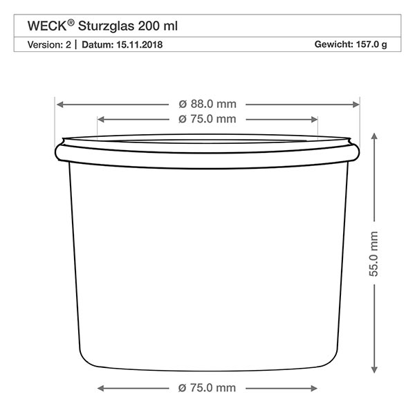 200ml Sturzglas mit Glasdeckel WECK RR80 Technische Zeichnung WECK Sturzglas 200ml RR80 mit Maßangaben 88mm Durchmesser, 55mm Höhe, Gewicht 157g