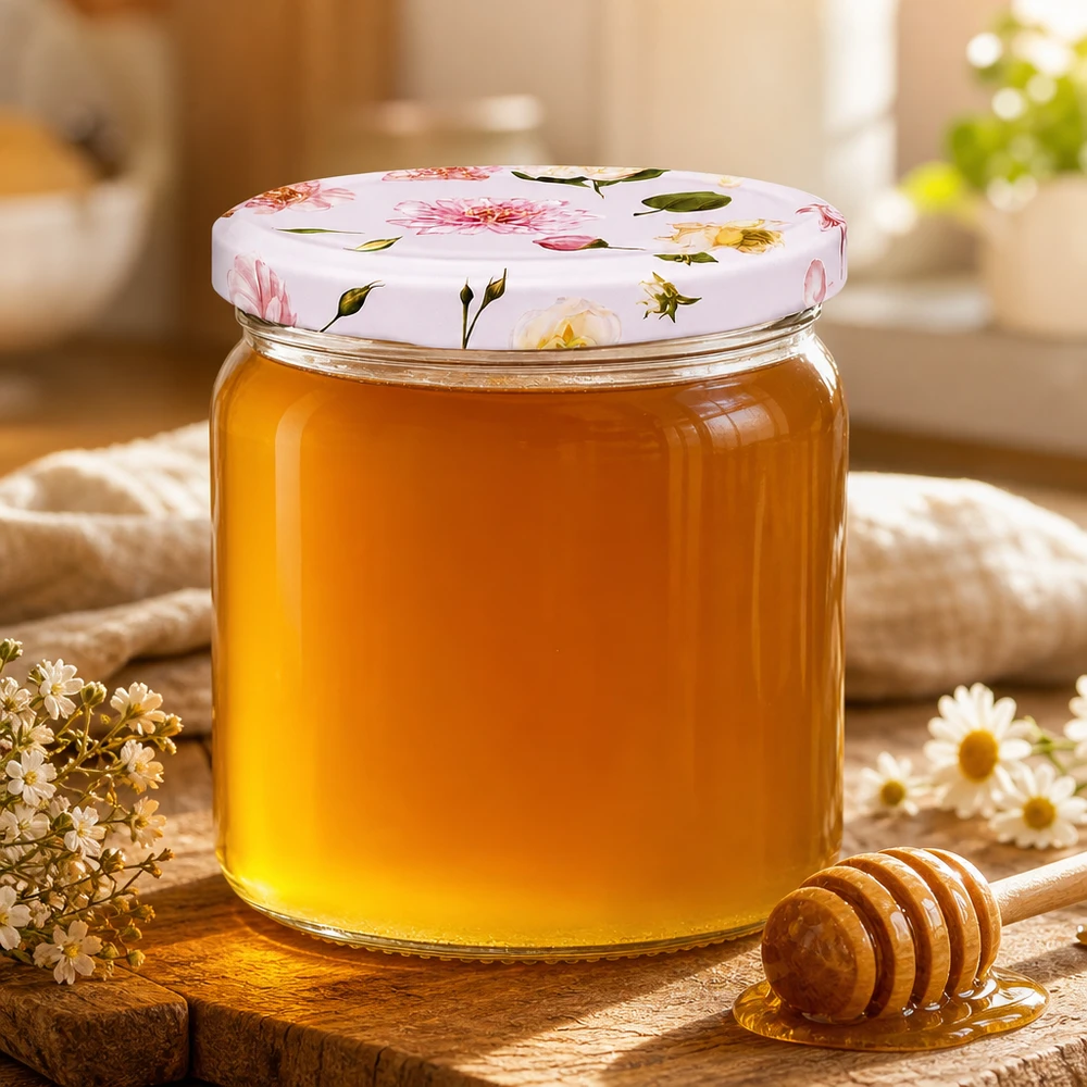 408ml Rundglas mit rosa Blumendeckel gefüllt mit goldgelbem Honig Honigglas Marmeladenglas mit Honiglöffel Holz