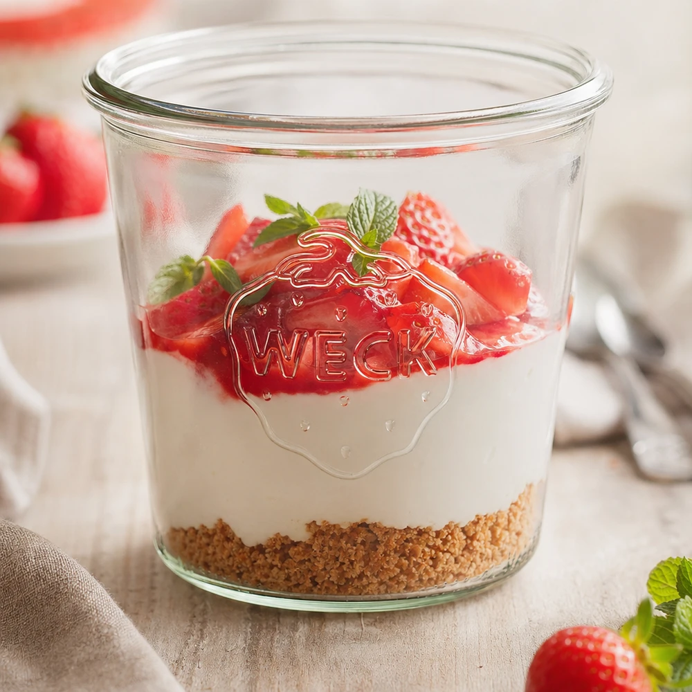 580ml Sturzglas WECK RR100 WECK Sturzglas 580ml RR100 mit Erdbeeren und Joghurt gefüllt als Dessert im Glas auf Holztisch
