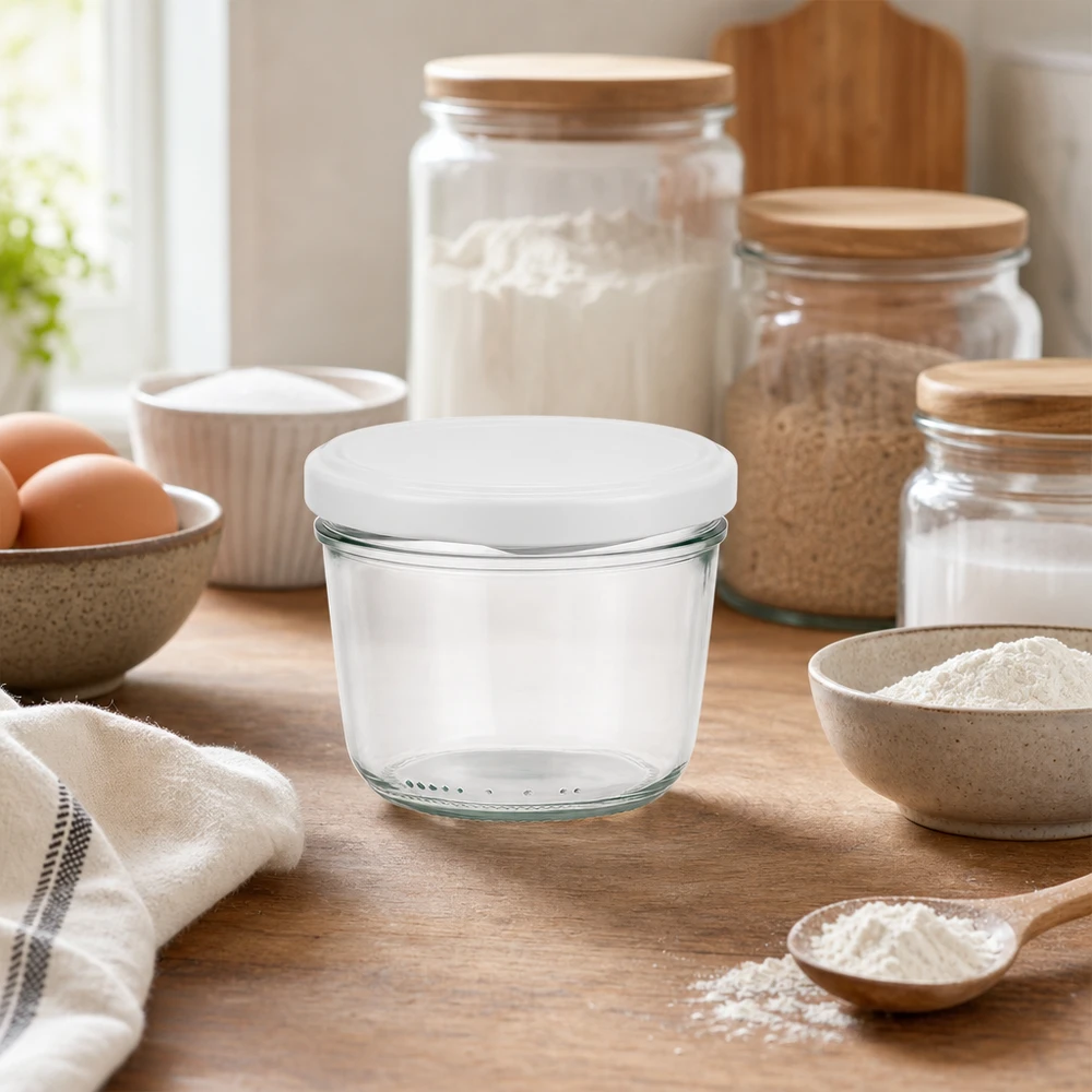 230ml Sturzglas leer mit weißem BasicSeal Deckel in moderner Küche zwischen Backzutaten und Vorratsgläsern