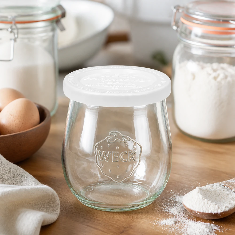 220ml Tulpenglas mit Frischedeckel WECK RR60 WECK Tulpenglas 220ml RR60 in Backküche mit Mehl und Eiern - Einmachglas für Backen und Küchen Aufbewahrung