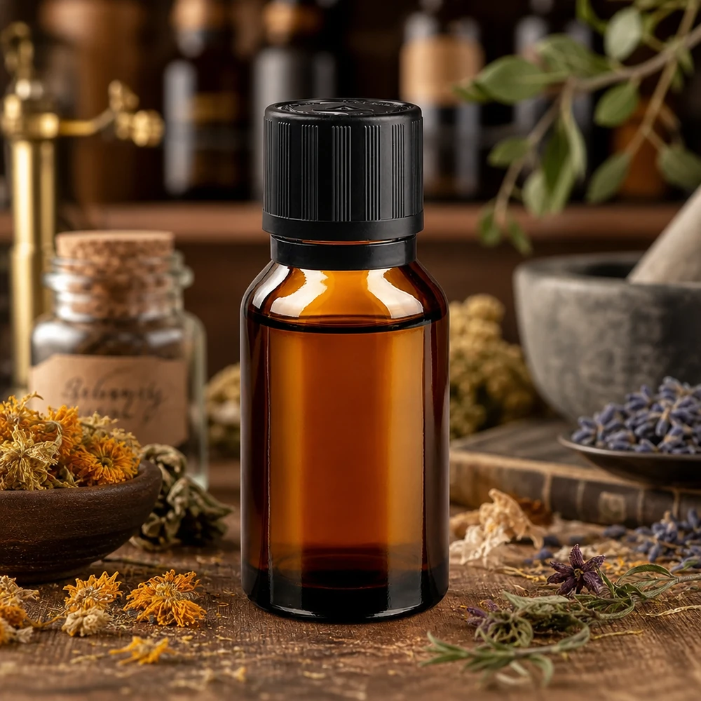 Ätherische Öle Flasche Braunglas 15ml mit Originalverpackung auf rustikalem Holztisch