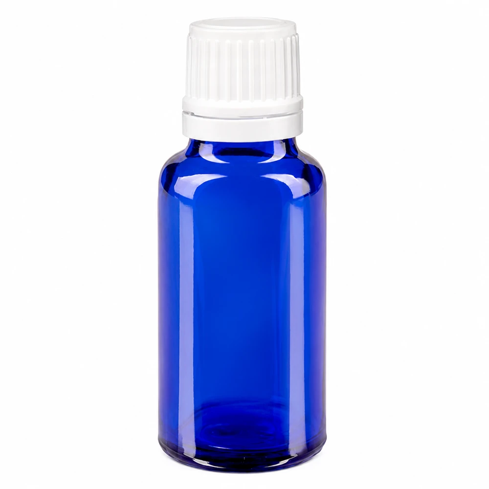 Apothekenflasche blau 20ml Tropfverschluss 1.2mm weiß Originalitätsverschluss 20ml blaue pharmazeutische Tropfflasche aus Apothekenglas mit weißem Originalitätsverschluss