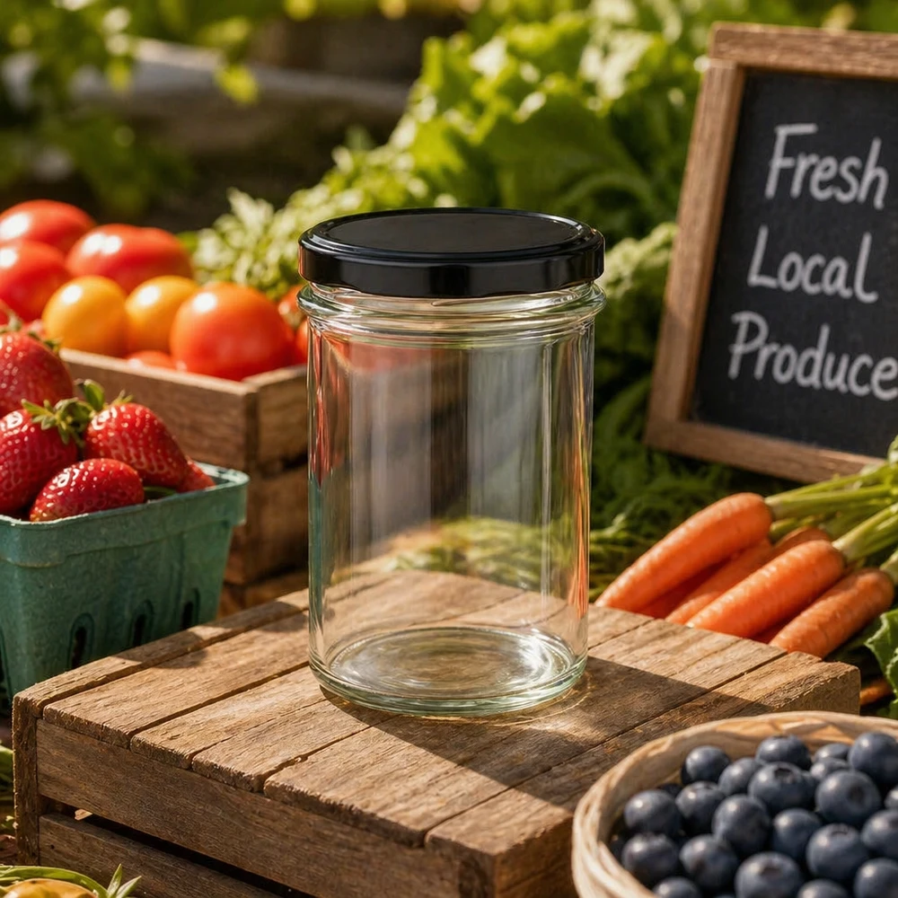 230ml Sturzglas mit BasicSeal Deckel schwarz UNiTWIST 230ml Sturzglas mit schwarzem BasicSeal Deckel zwischen frischem Obst Gemüse auf Holztisch Farmers Market Szene