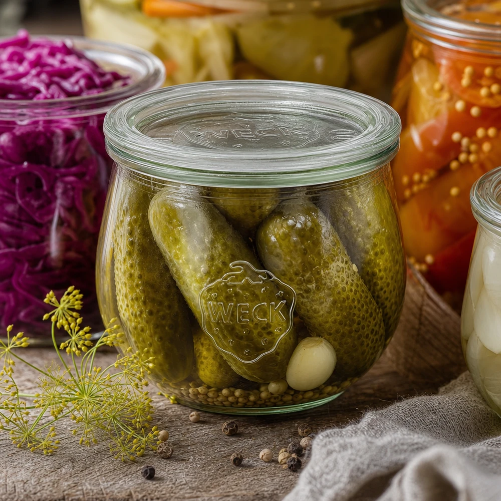580ml Tulpenglas mit Glasdeckel WECK RR100 WECK Tulpenglas 580ml RR100 mit eingelegten Gurken und Gewürzen zwischen fermentiertem Gemüse und Kräutern