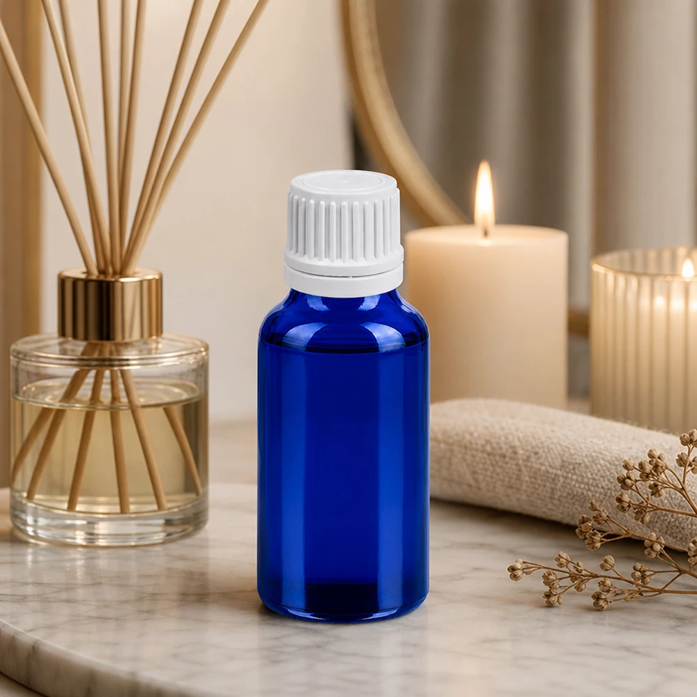 20ml Flasche 11mm Schraubverschluss weiß Originalitätsverschluss BlueLine UT18/20 Lichtgeschützte blaue 20ml Glasflasche mit weißem OV für langanhaltende Produktfrische
