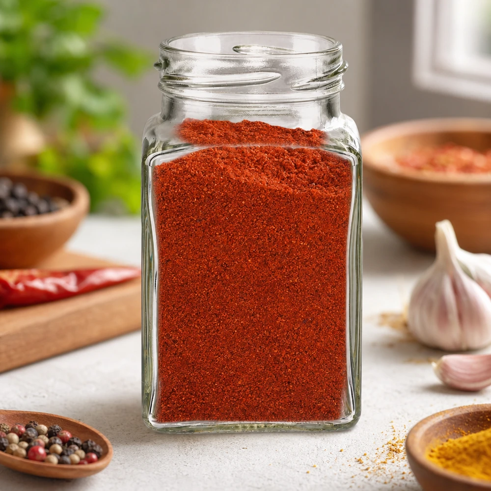 260ml Tetraglas ohne Deckel (TO58) UNiTWIST UNiTWIST Tetra260 4-Eckglas 260ml mit rotem Paprika-Pulver gefüllt in Küche mit Gewürzen und Knoblauch