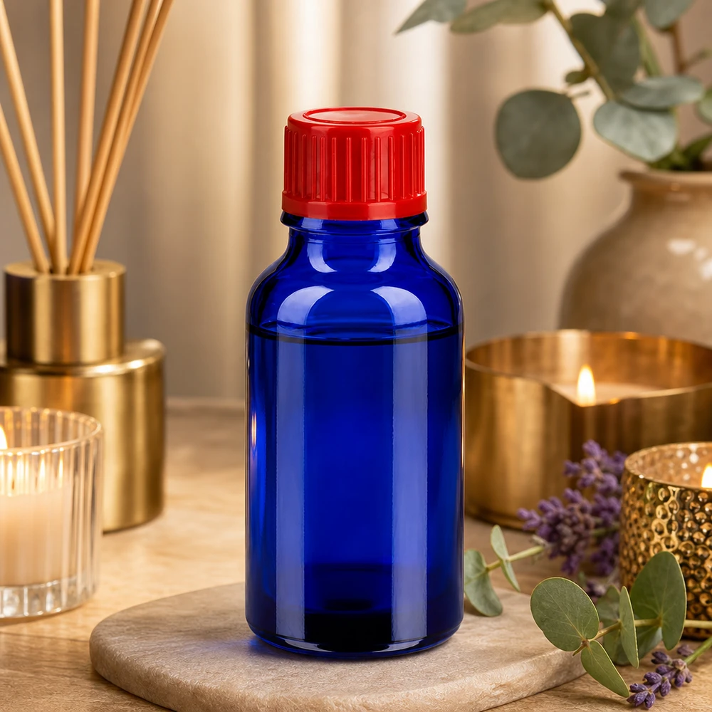 20ml Flasche 11mm Schraubverschluss rot Standard BlueLine UT18/20 Elegante blaue Glasflasche 20ml mit rotem Akzent perfekt für DIY-Kosmetik