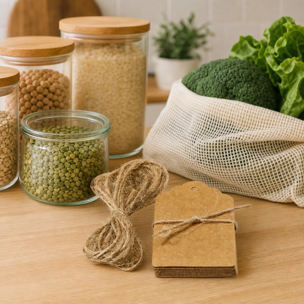 Anhänger 30x50mm mit Kordel (Pack(s) mit 10 Stück) Nachhaltige Kraftpapier-Etiketten mit Naturfaserkordel neben Zero-Waste Produkten und Mesh-Beutel für plastikfreie Küche