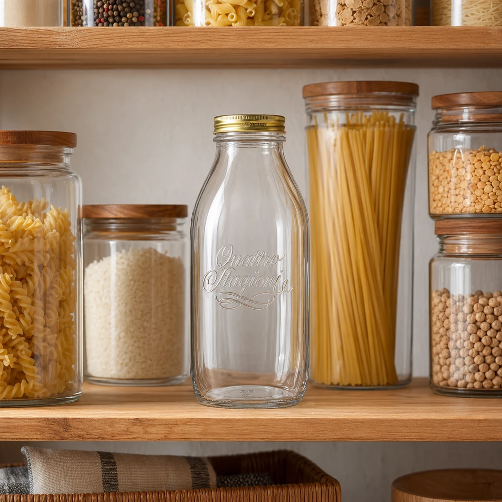 1000ml Glasflasche "Quattro Stagioni" mit Deckel Quattro Stagioni 1000ml Glasflasche in organisierter Speisekammer mit Vorratsgläsern, Nudeln und Hülsenfrüchten