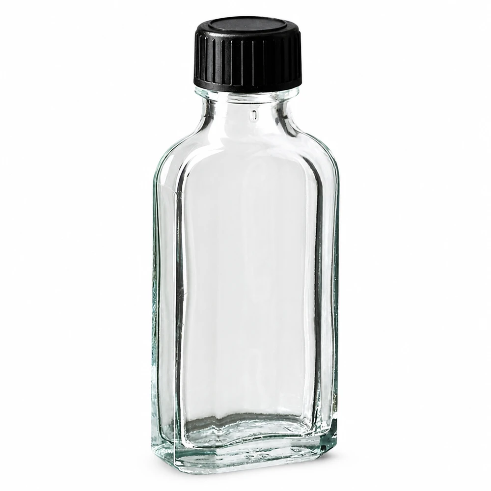 50 ml Meplat klar Schraubverschluss mit EPE-Dichtscheibe Rechteckige Glasflasche 50 ml klar mit schwarzem Schraubverschluss und EPE-Dichtscheibe